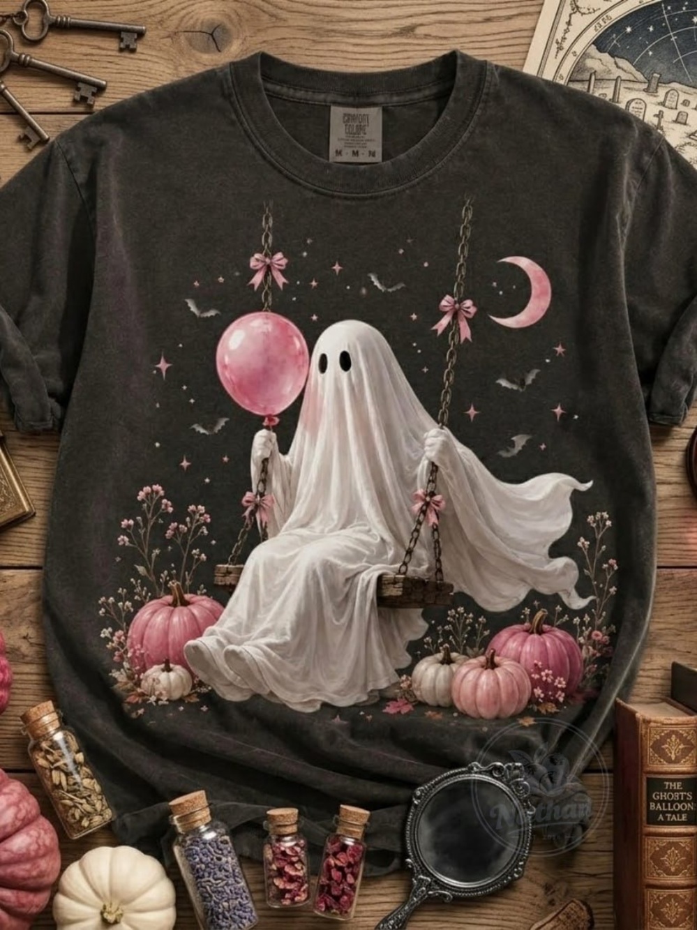 Comfort Colors Black Tee with White Ghost & Pink Accents